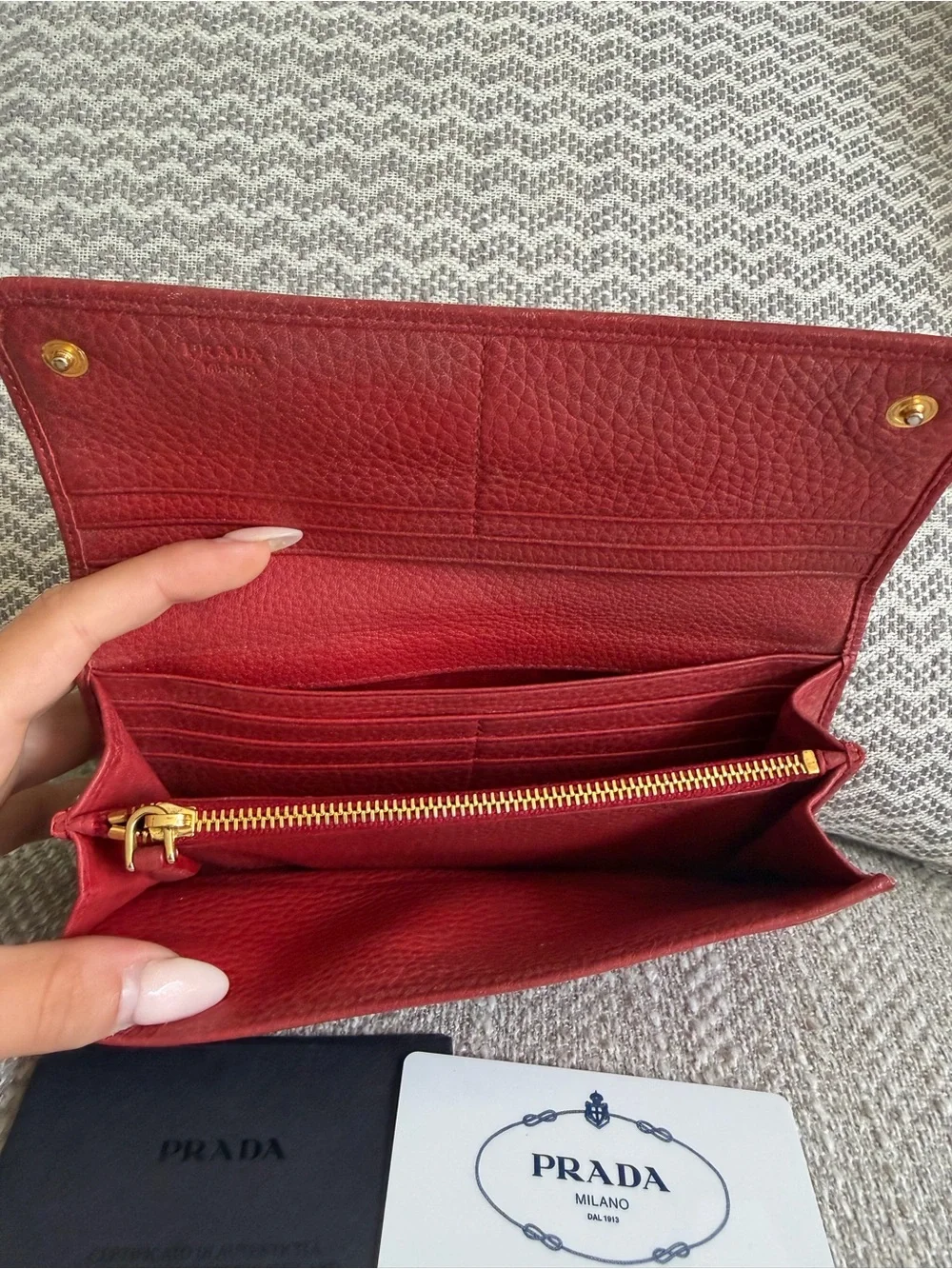 Prada Red Vitello Daino Leather Continental Wallet Gold Logo w/Authenticity Card